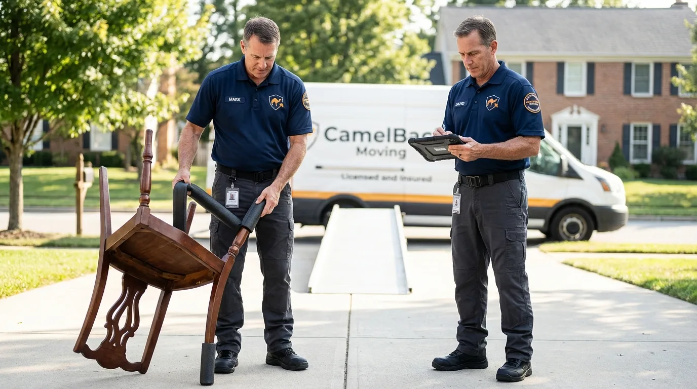 Movers inspecting furniture for damage prevention before loading in South Shore, KY