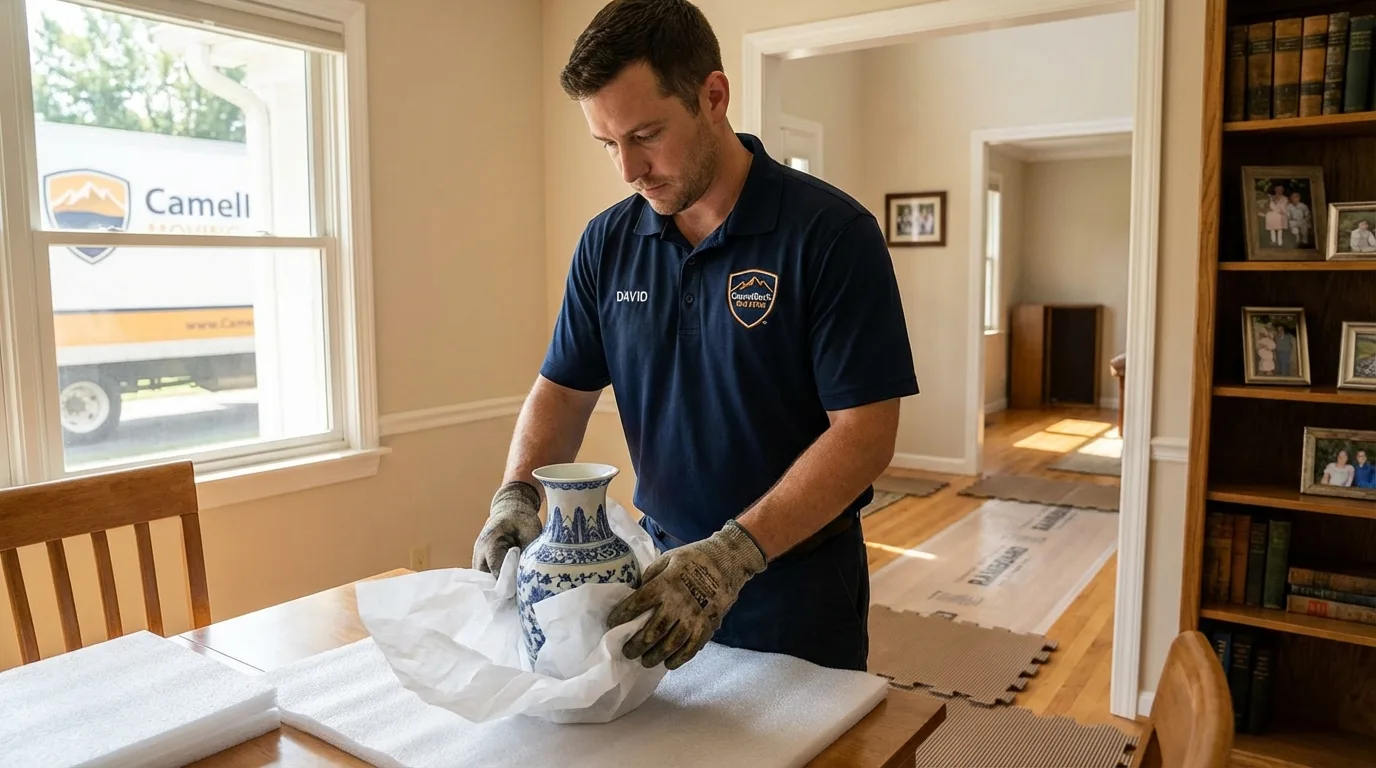 Professional crew carefully wrapping antique vase for senior downsizing move in South Shore, KY